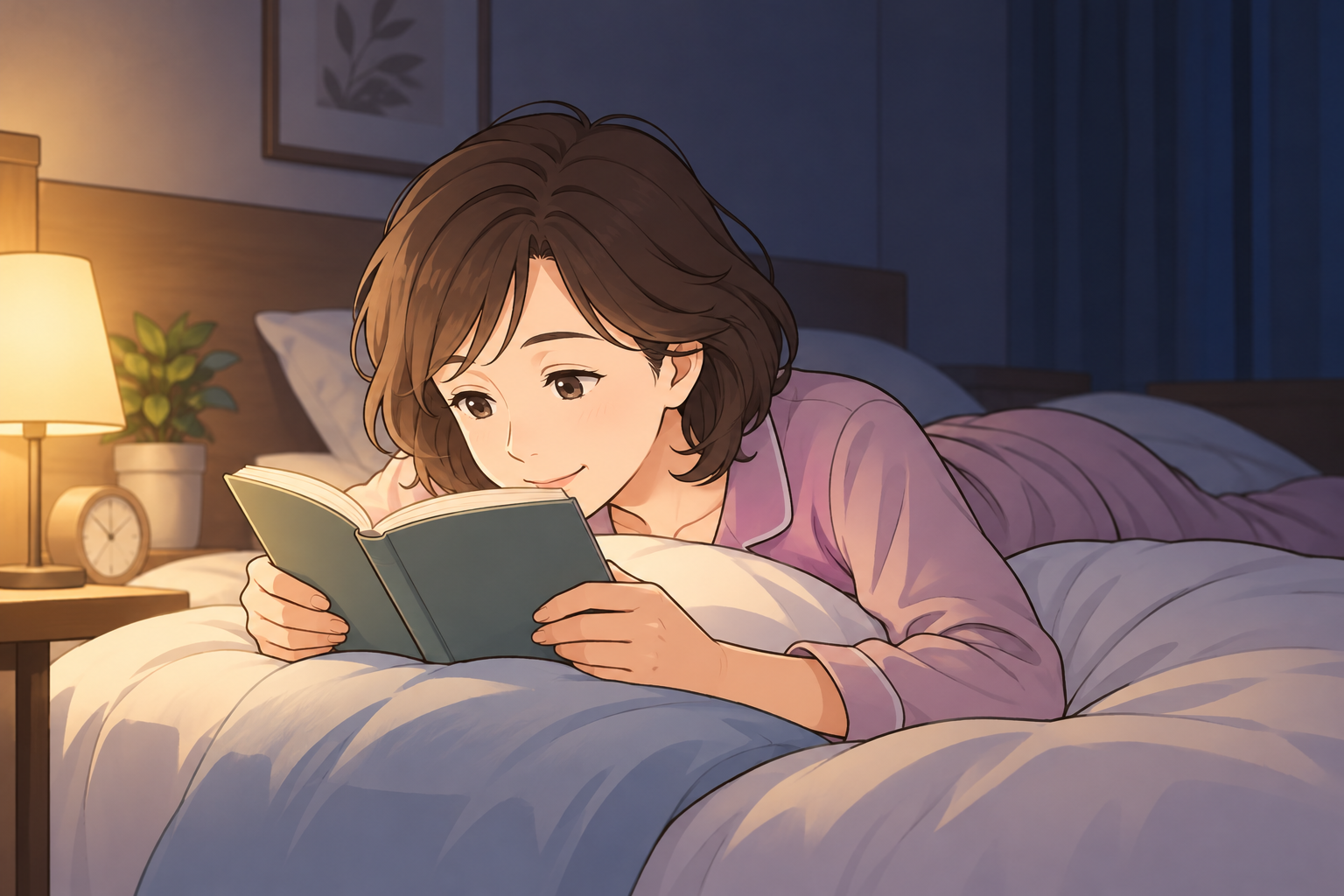 夜のベッドで読書する女性